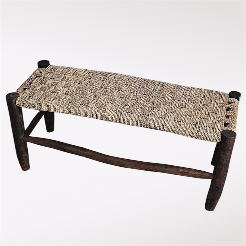 Handcrafted Dark Eucalyptus Wood Bench with Woven Natural Cord AZRIVA