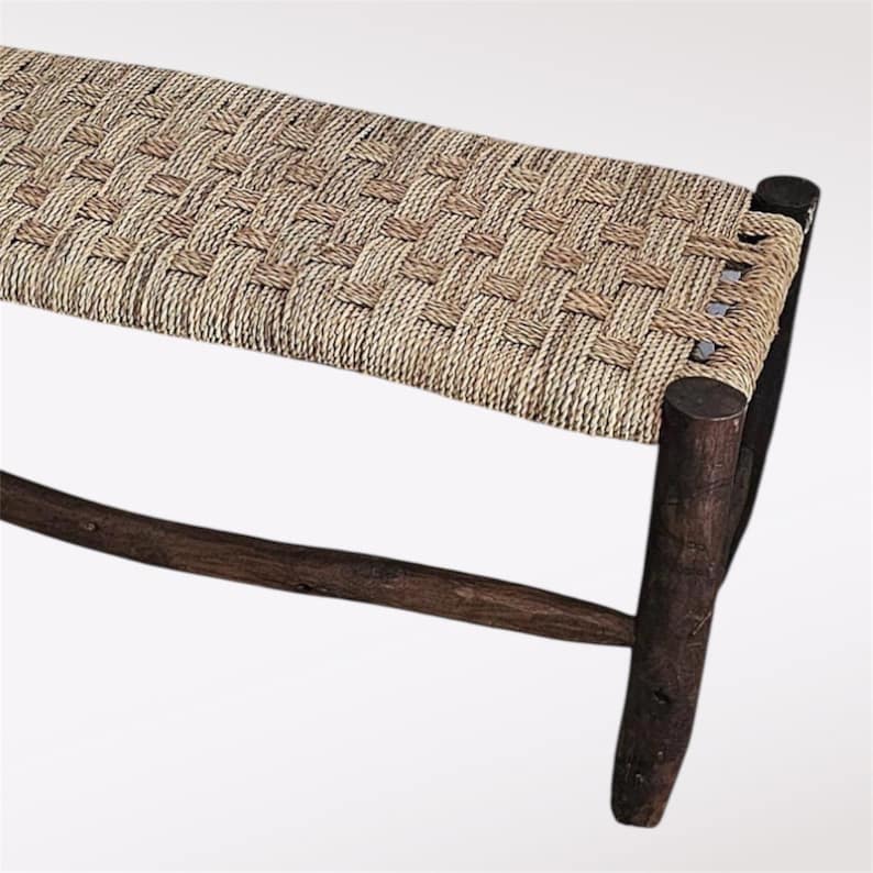 Handcrafted Dark Eucalyptus Wood Bench with Woven Natural Cord AZRIVA