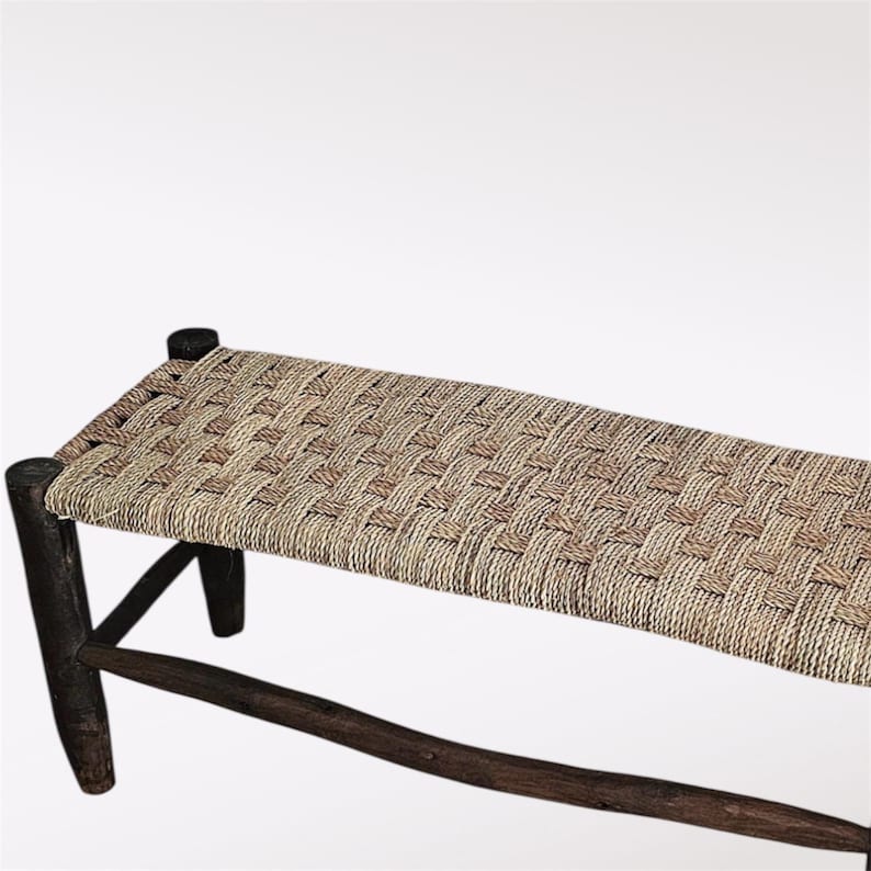 Handcrafted Dark Eucalyptus Wood Bench with Woven Natural Cord AZRIVA