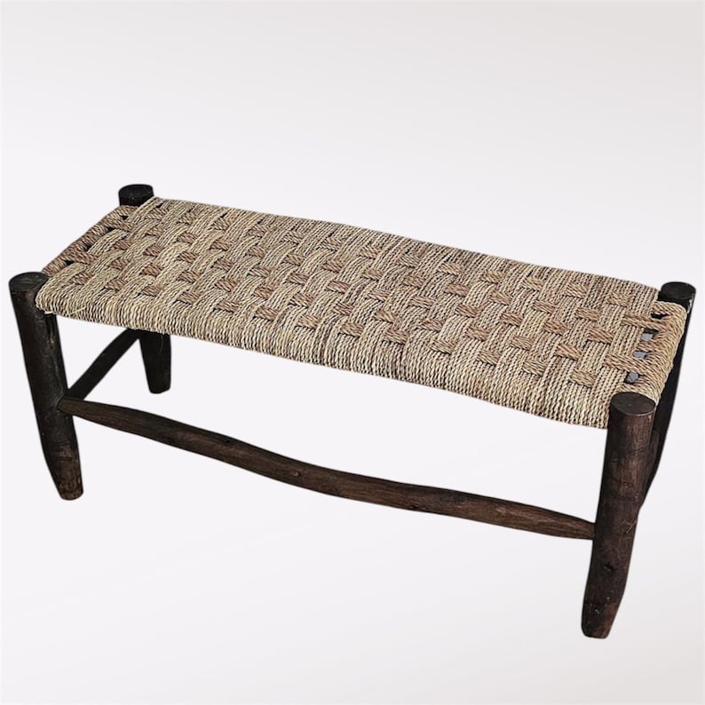 Handcrafted Dark Eucalyptus Wood Bench with Woven Natural Cord AZRIVA