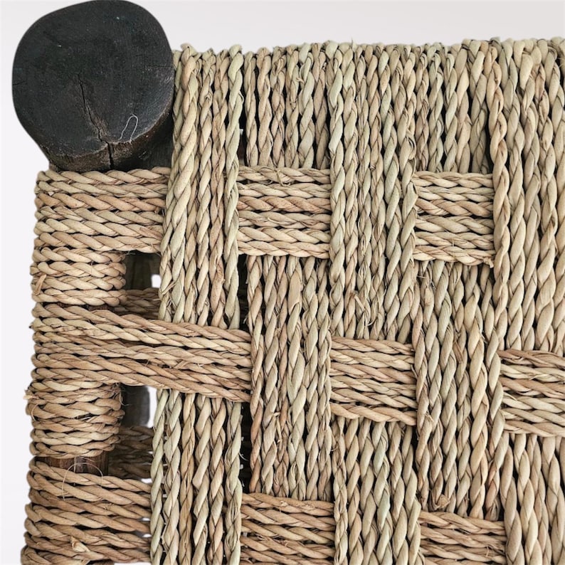 Handcrafted Dark Eucalyptus Wood Bench with Woven Natural Cord AZRIVA