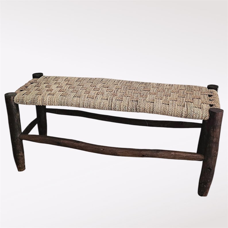 Handcrafted Dark Eucalyptus Wood Bench with Woven Natural Cord AZRIVA