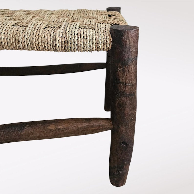 Handcrafted Dark Eucalyptus Wood Bench with Woven Natural Cord AZRIVA
