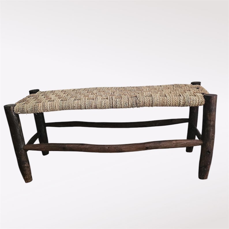 Handcrafted Dark Eucalyptus Wood Bench with Woven Natural Cord AZRIVA