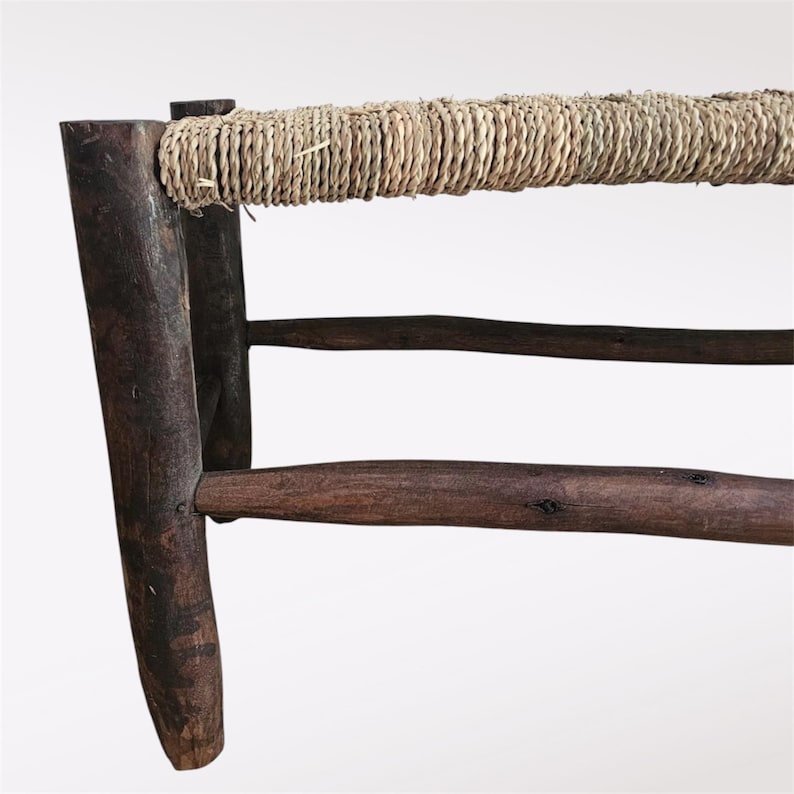 Handcrafted Dark Eucalyptus Wood Bench with Woven Natural Cord AZRIVA