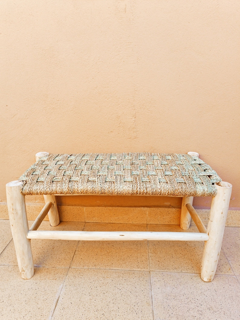 Banc en bois marocain fait main, siège tressé naturel AZRIVA