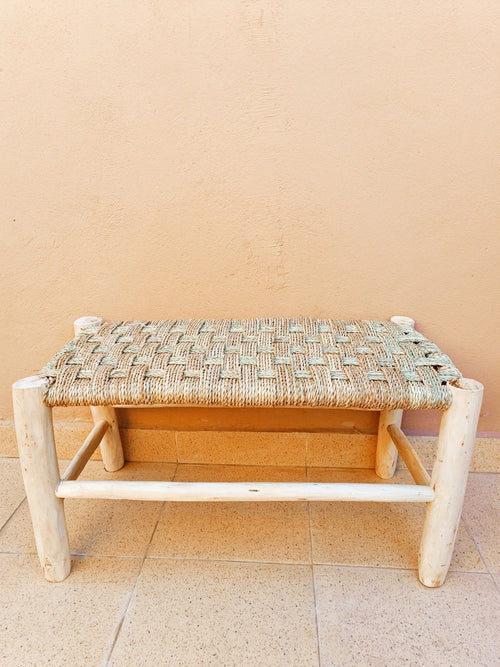 Banc en bois marocain fait main, siège tressé naturel AZRIVA