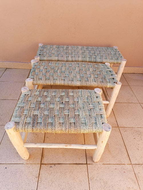 Banc en bois marocain fait main, siège tressé naturel AZRIVA