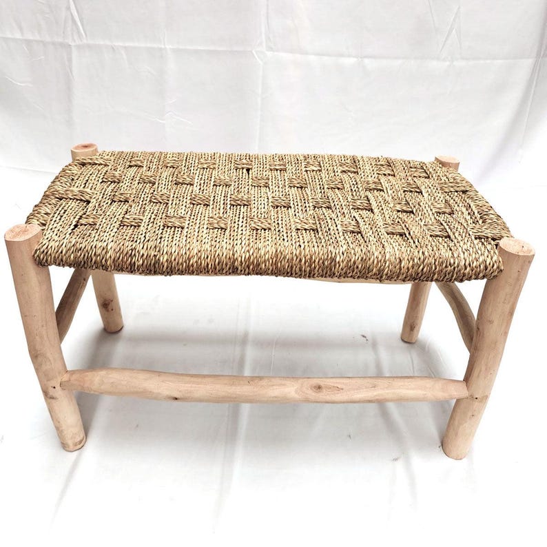 Handcrafted Lemon Wood Bench with Woven Esparto Grass Seat AZRIVA