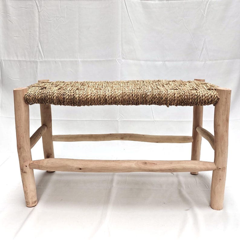 Handcrafted Lemon Wood Bench with Woven Esparto Grass Seat AZRIVA
