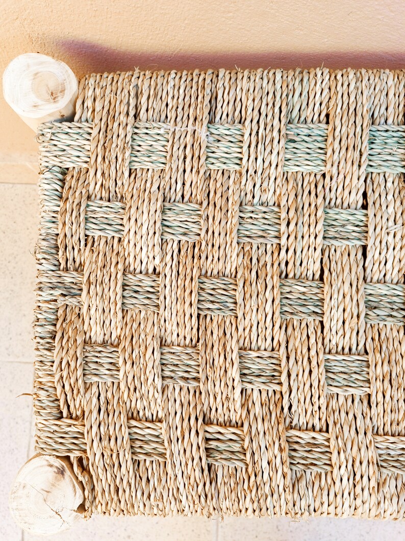 Banc en bois marocain fait main, siège tressé naturel AZRIVA