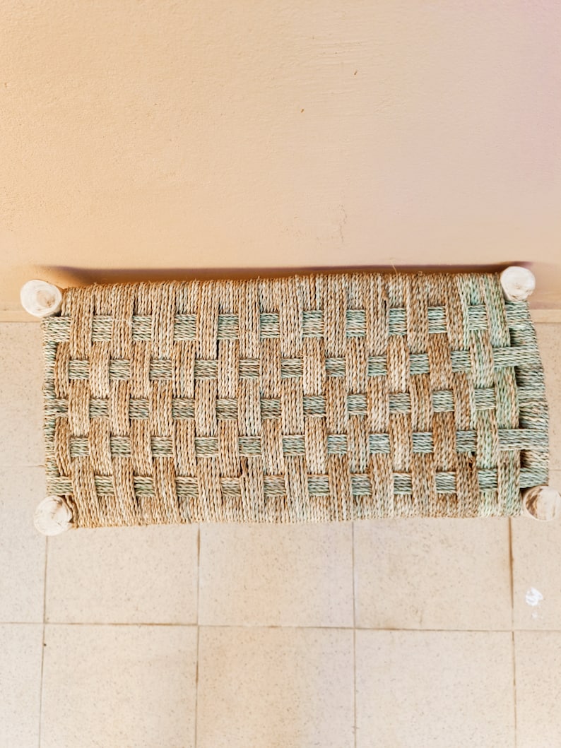 Banc en bois marocain fait main, siège tressé naturel AZRIVA