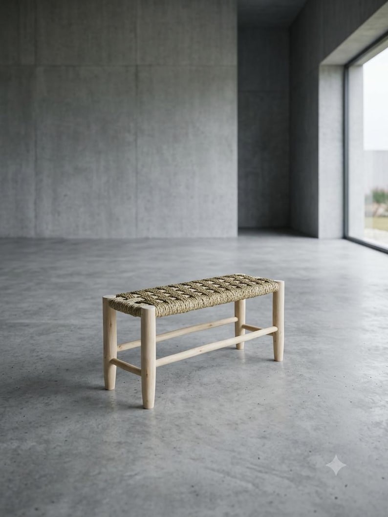 Handwoven Woven Wicker & Wood Artisanal Bench