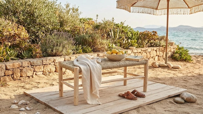 Handwoven Woven Wicker & Wood Artisanal Bench