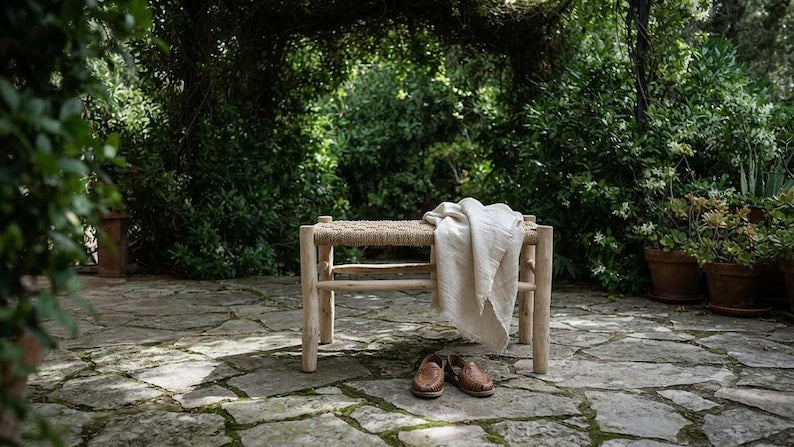 Handwoven Woven Wicker & Wood Artisanal Bench