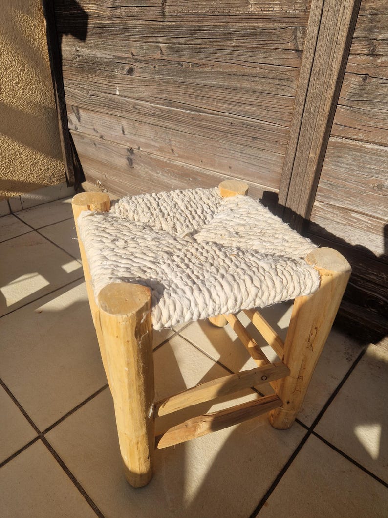 Handcrafted Moroccan Wooden Stool with White Boucherouite Cord Seat AZRIVA