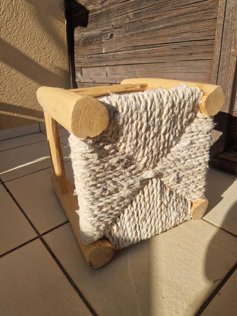 Handcrafted Moroccan Wooden Stool with White Boucherouite Cord Seat AZRIVA