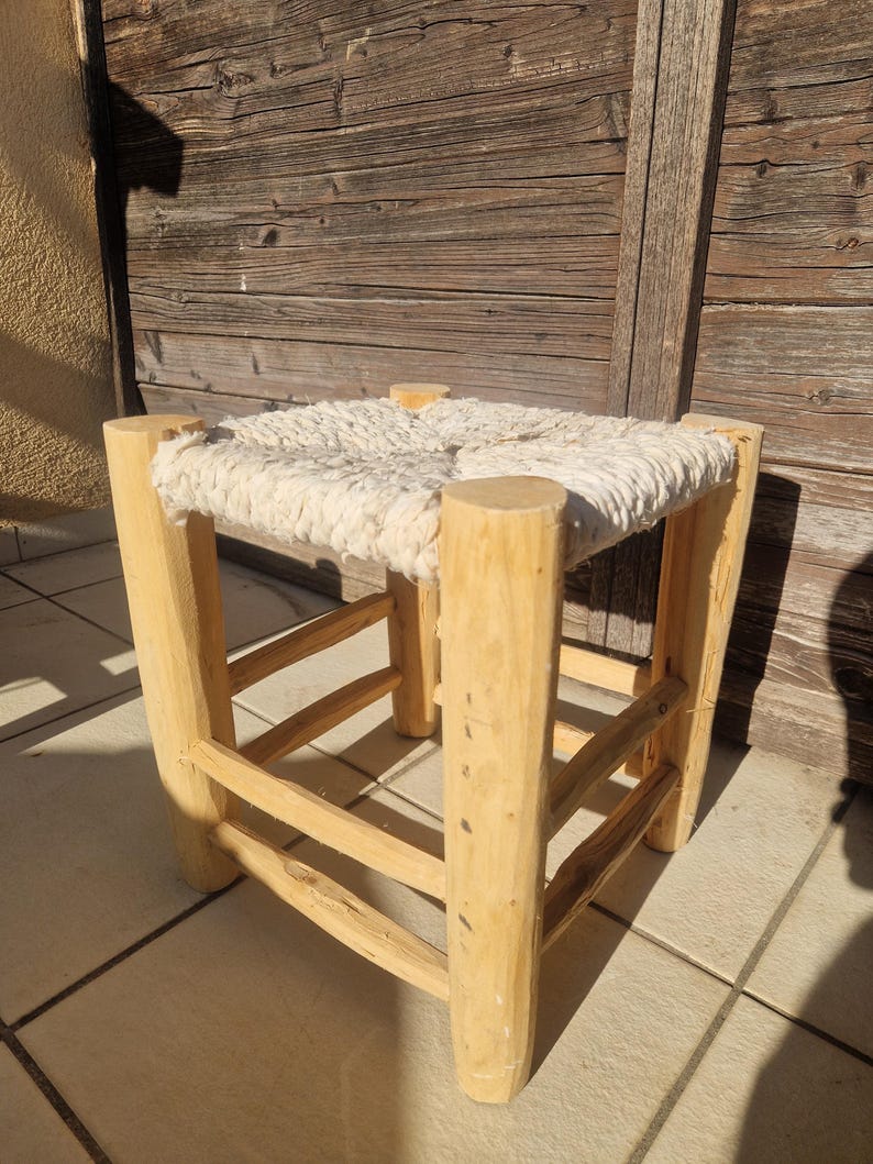 Handcrafted Moroccan Wooden Stool with White Boucherouite Cord Seat AZRIVA