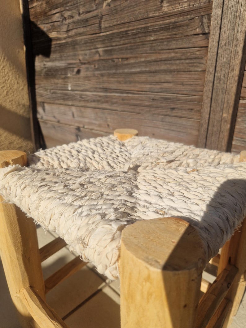 Handcrafted Moroccan Wooden Stool with White Boucherouite Cord Seat AZRIVA