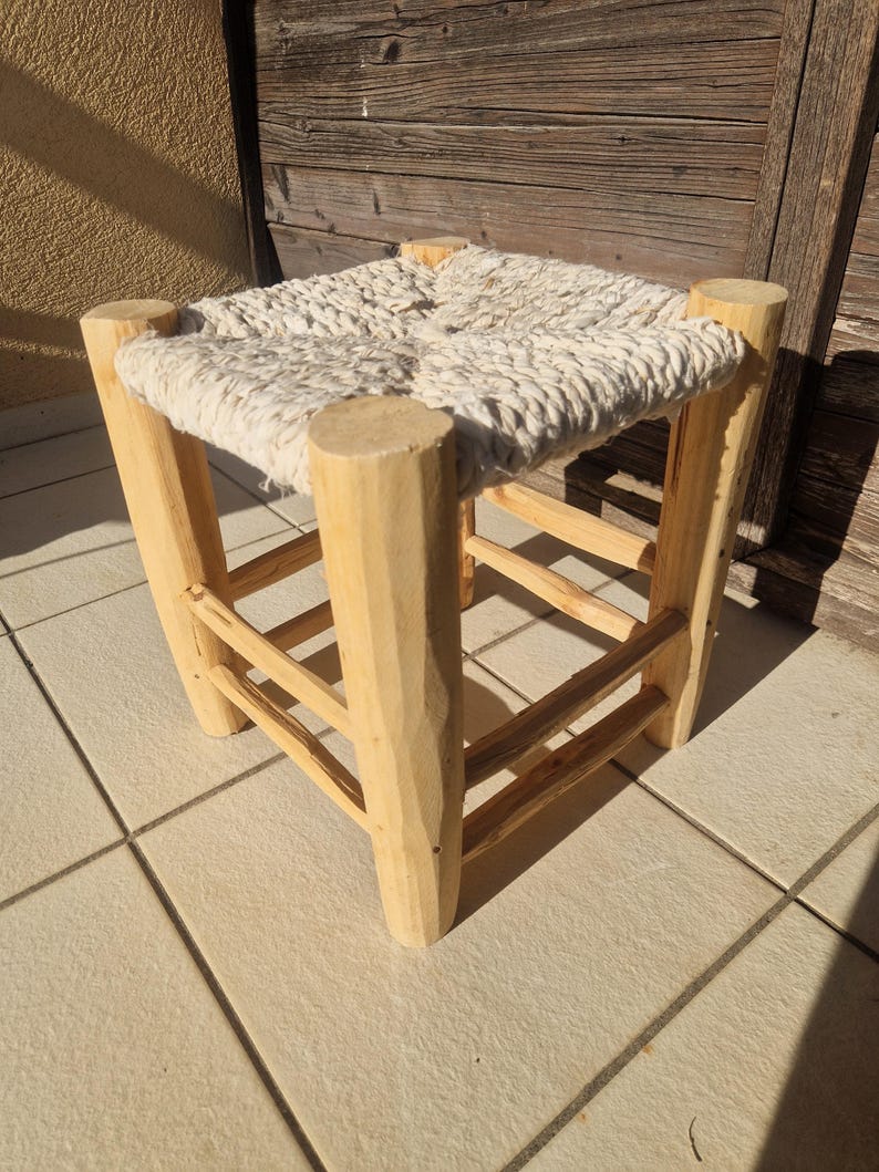 Handcrafted Moroccan Wooden Stool with White Boucherouite Cord Seat AZRIVA