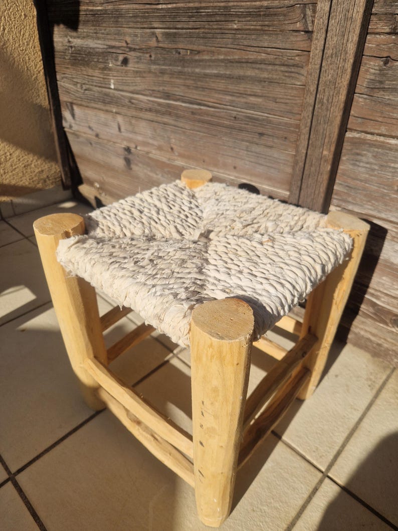Handcrafted Moroccan Wooden Stool with White Boucherouite Cord Seat AZRIVA
