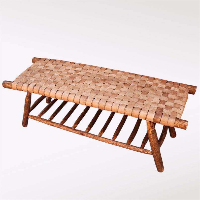 Handcrafted Natural Leather Woven Artisanal Bench