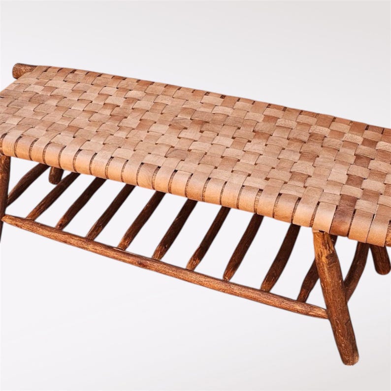 Handcrafted Natural Leather Woven Artisanal Bench