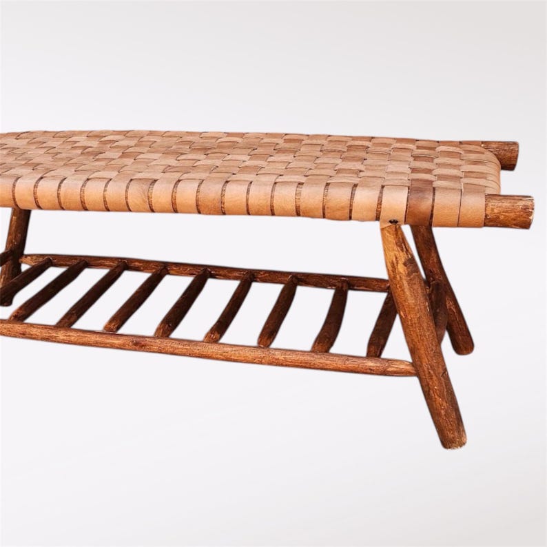 Handcrafted Natural Leather Woven Artisanal Bench