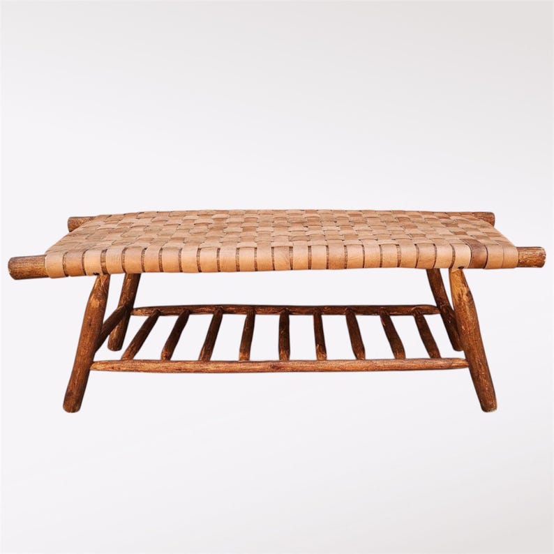 Handcrafted Natural Leather Woven Artisanal Bench