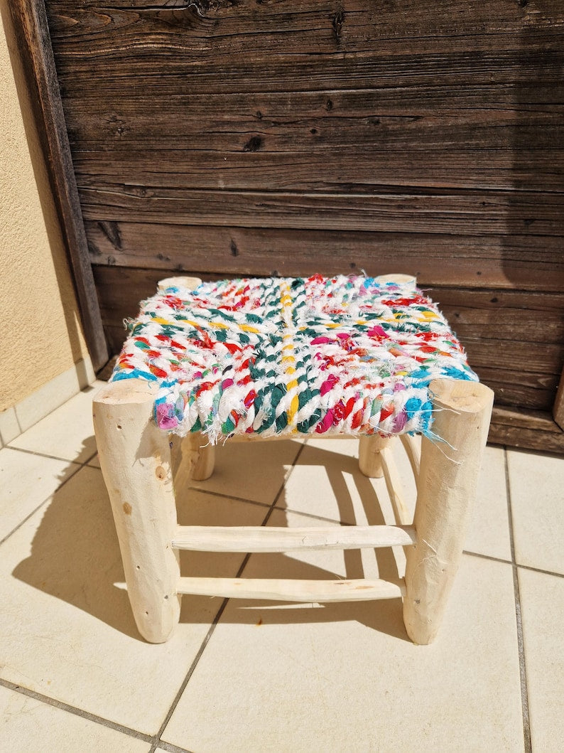 Handcrafted Moroccan Wooden Stool with Colorful Boucherouite Fabric Seat AZRIVA
