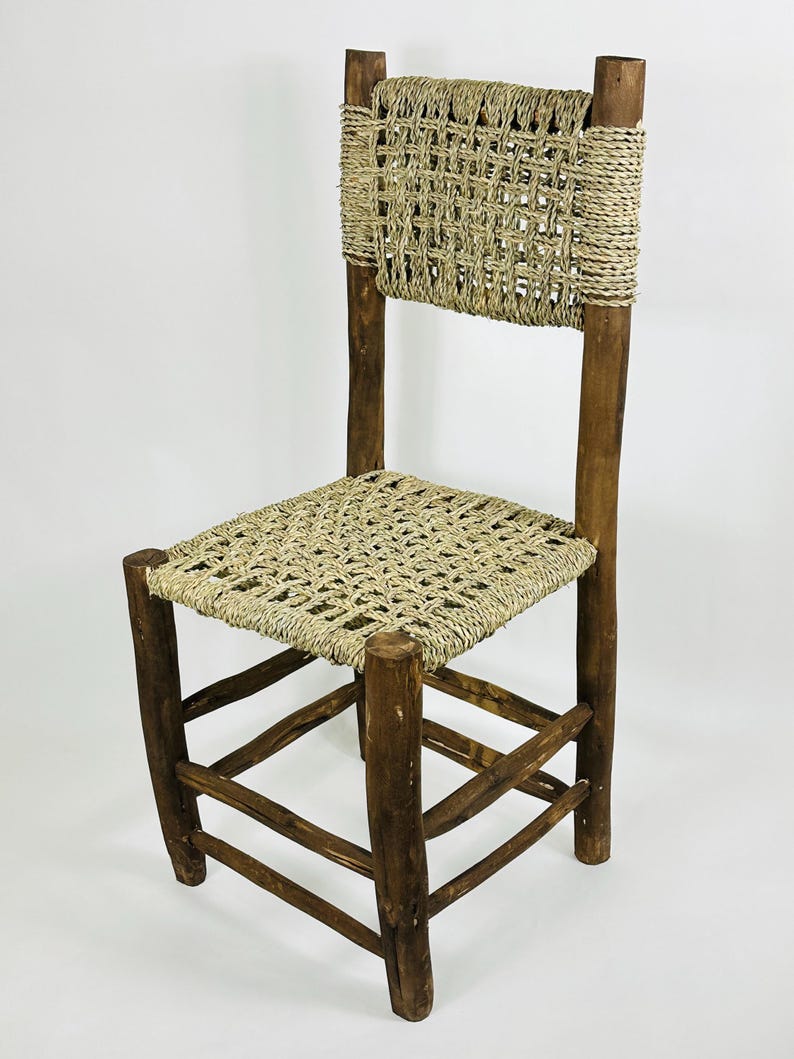 Handcrafted Laurel Wood Dining Chair with Woven Palm Leaf Seat & Backrest AZRIVA