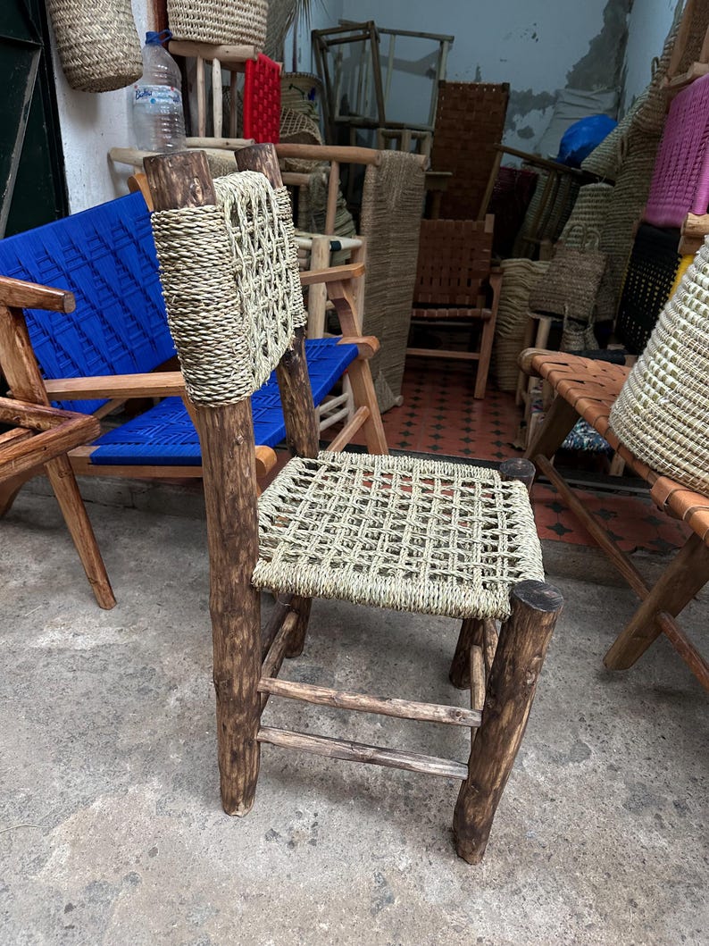 Handcrafted Laurel Wood Dining Chair with Woven Palm Leaf Seat & Backrest AZRIVA