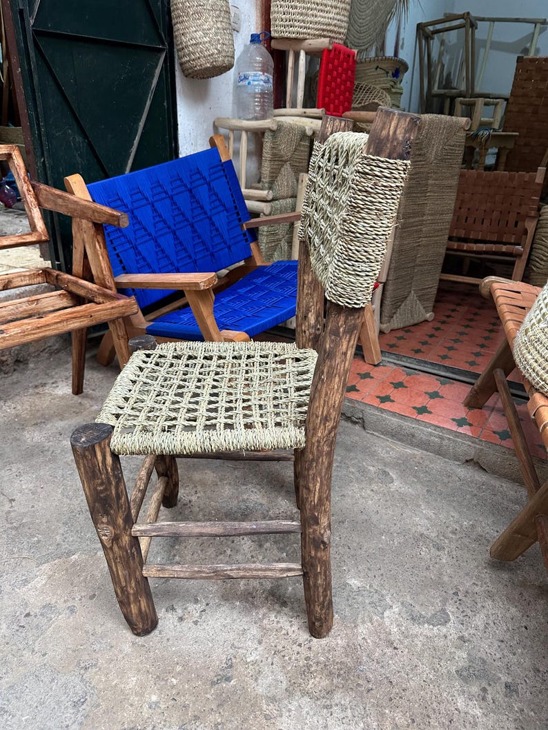 Handcrafted Laurel Wood Dining Chair with Woven Palm Leaf Seat & Backrest AZRIVA