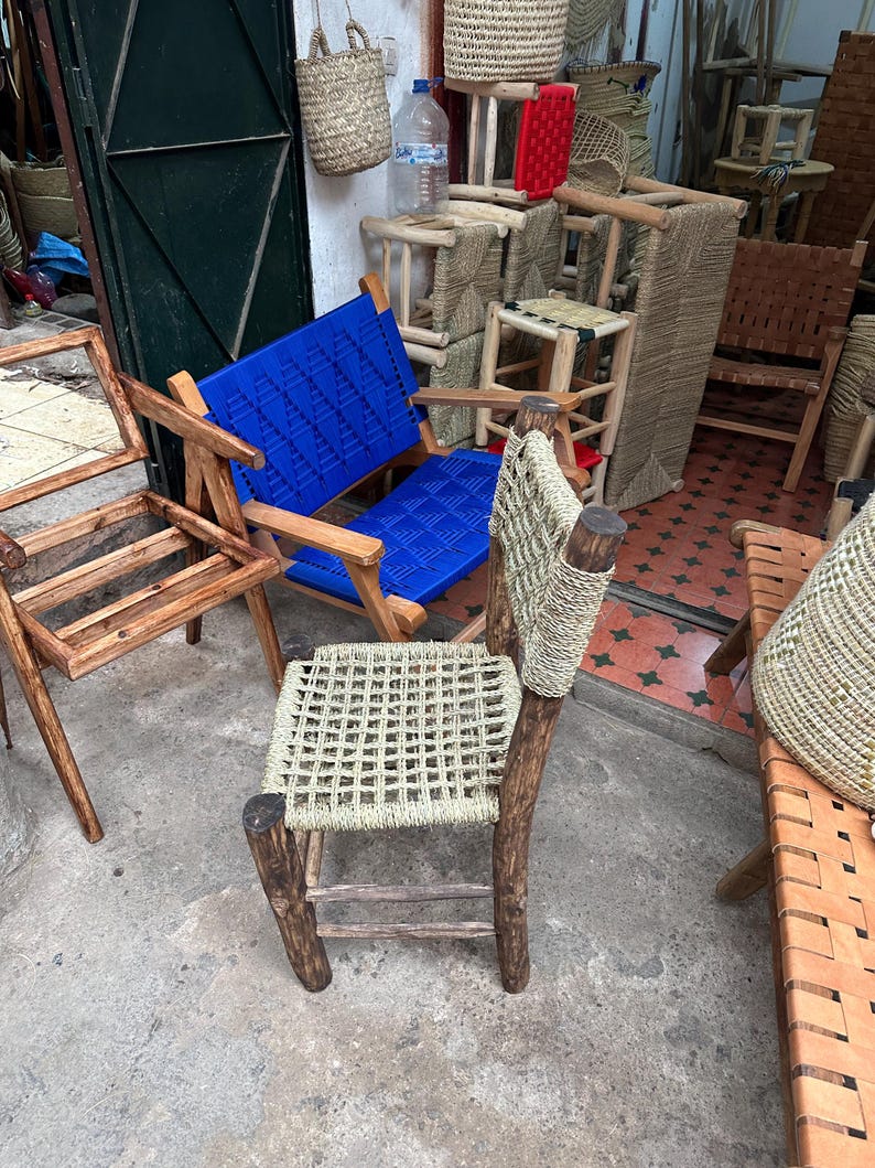 Handcrafted Laurel Wood Dining Chair with Woven Palm Leaf Seat & Backrest AZRIVA