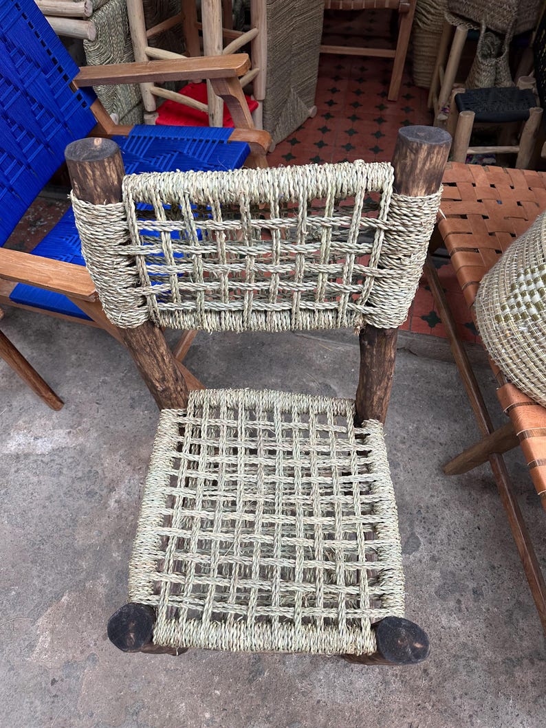 Handcrafted Laurel Wood Dining Chair with Woven Palm Leaf Seat & Backrest AZRIVA