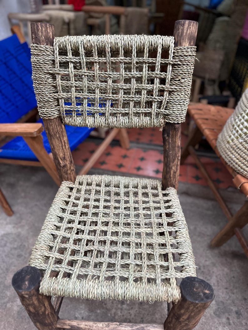 Handcrafted Laurel Wood Dining Chair with Woven Palm Leaf Seat & Backrest AZRIVA