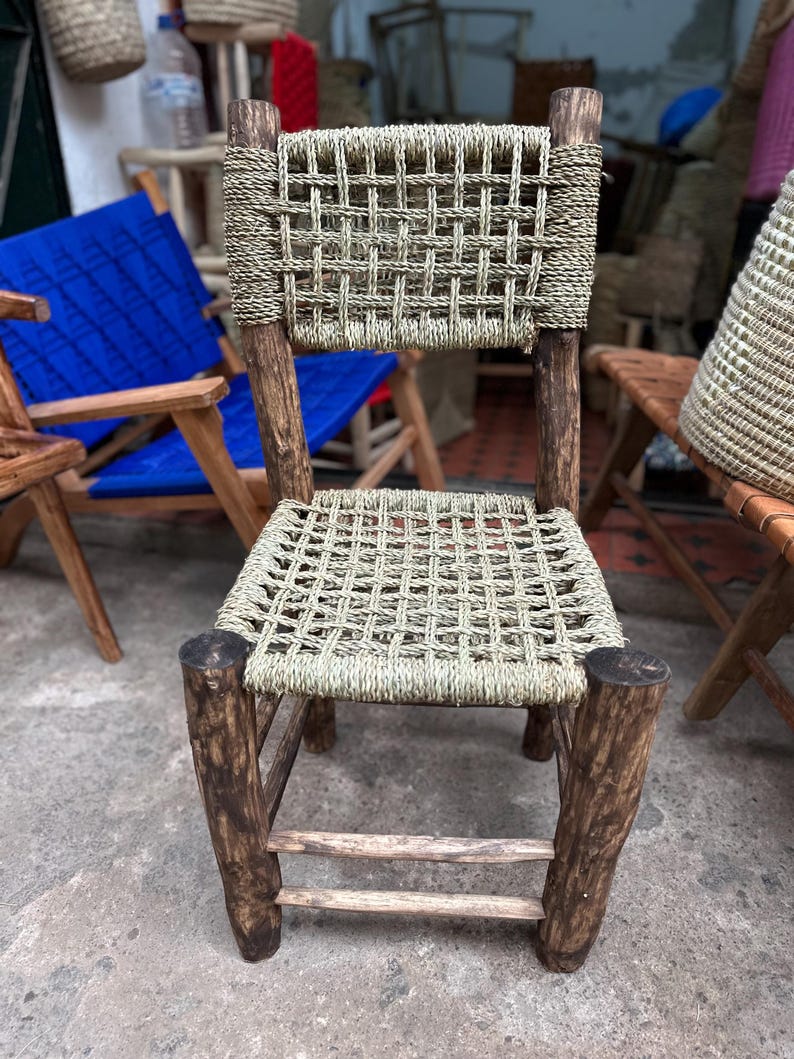 Handcrafted Laurel Wood Dining Chair with Woven Palm Leaf Seat & Backrest AZRIVA