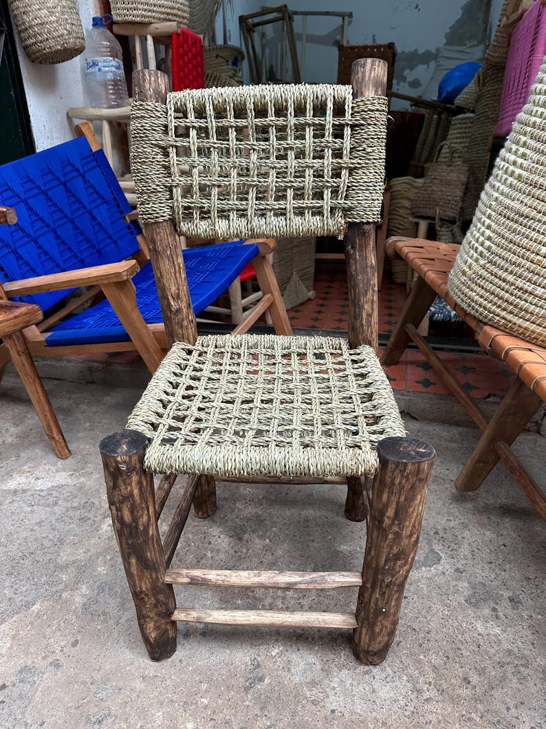 Handcrafted Laurel Wood Dining Chair with Woven Palm Leaf Seat & Backrest AZRIVA