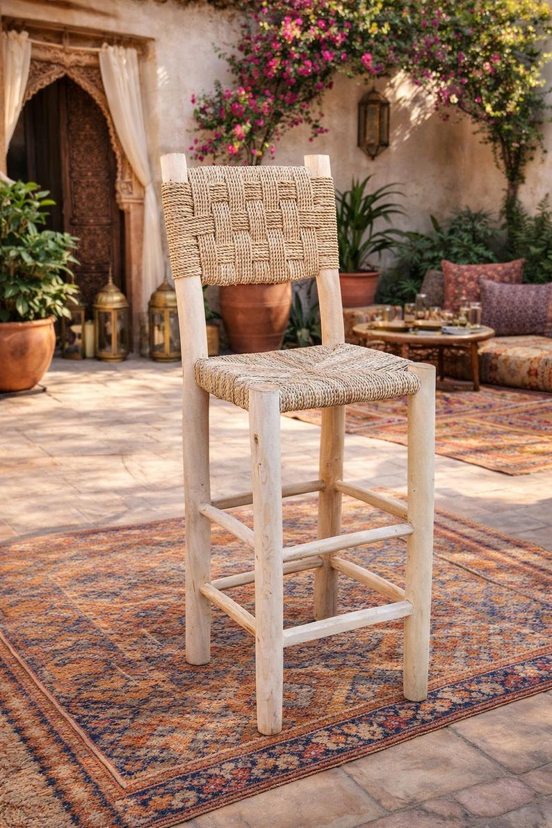 Handcrafted Laurel Wood Bar Stool with Woven Palm Leaf Seat & Backrest AZRIVA