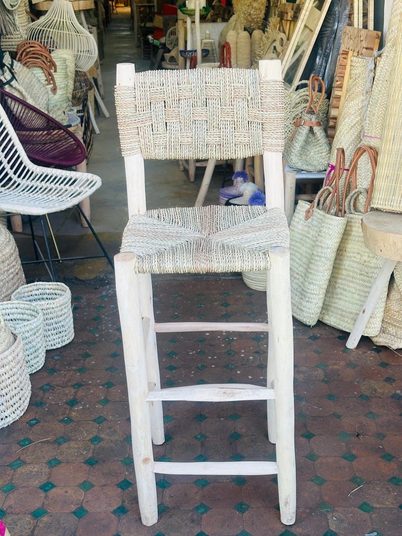 Handcrafted Laurel Wood Bar Stool with Woven Palm Leaf Seat & Backrest AZRIVA
