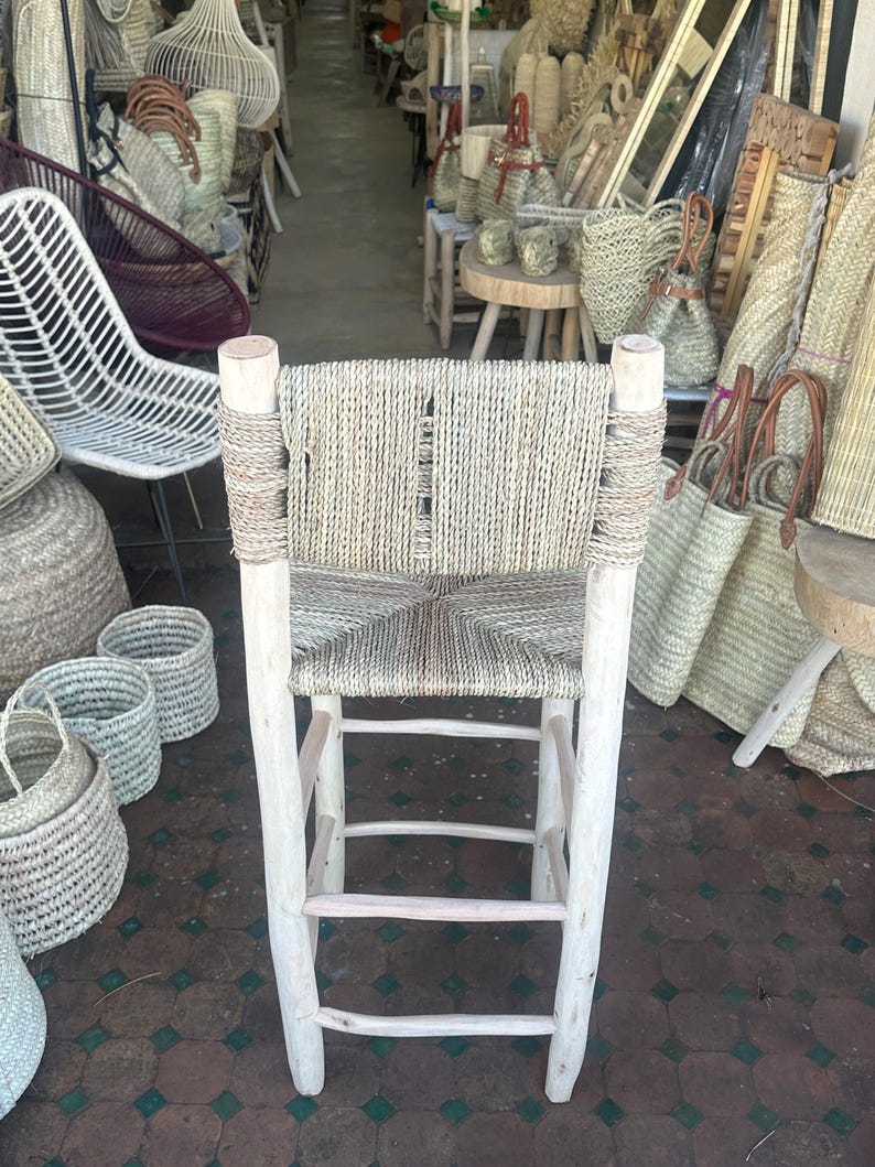 Handcrafted Laurel Wood Bar Stool with Woven Palm Leaf Seat & Backrest AZRIVA