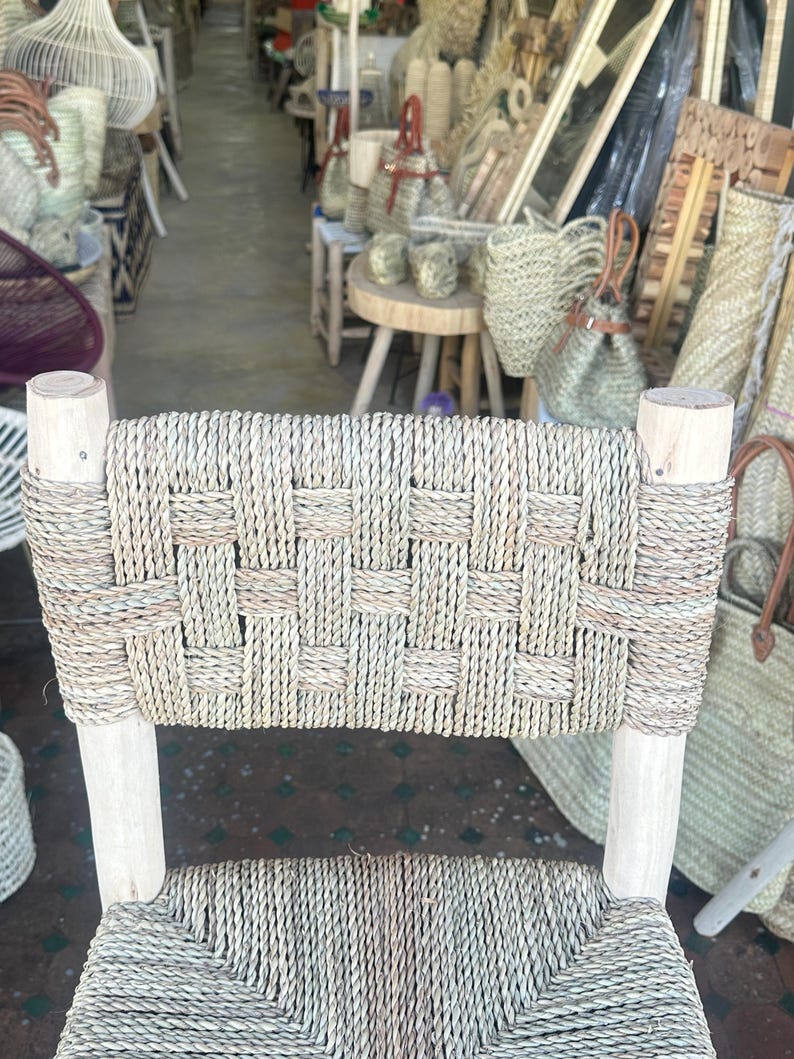 Handcrafted Laurel Wood Bar Stool with Woven Palm Leaf Seat & Backrest AZRIVA
