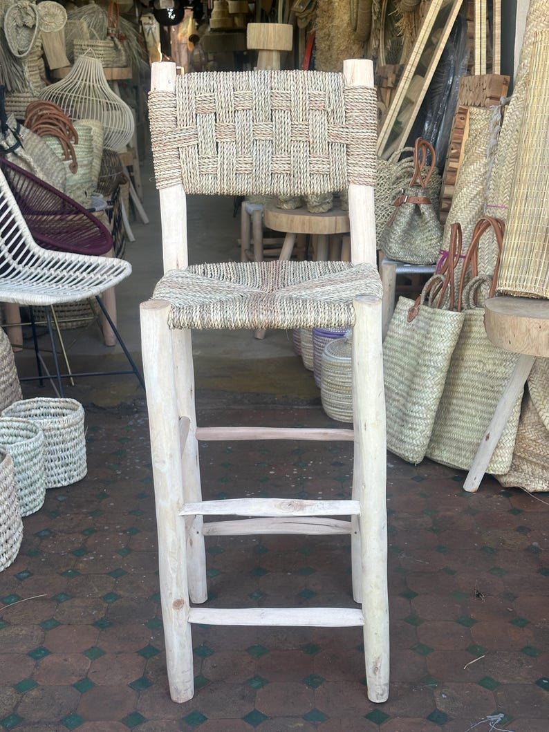 Handcrafted Laurel Wood Bar Stool with Woven Palm Leaf Seat & Backrest AZRIVA
