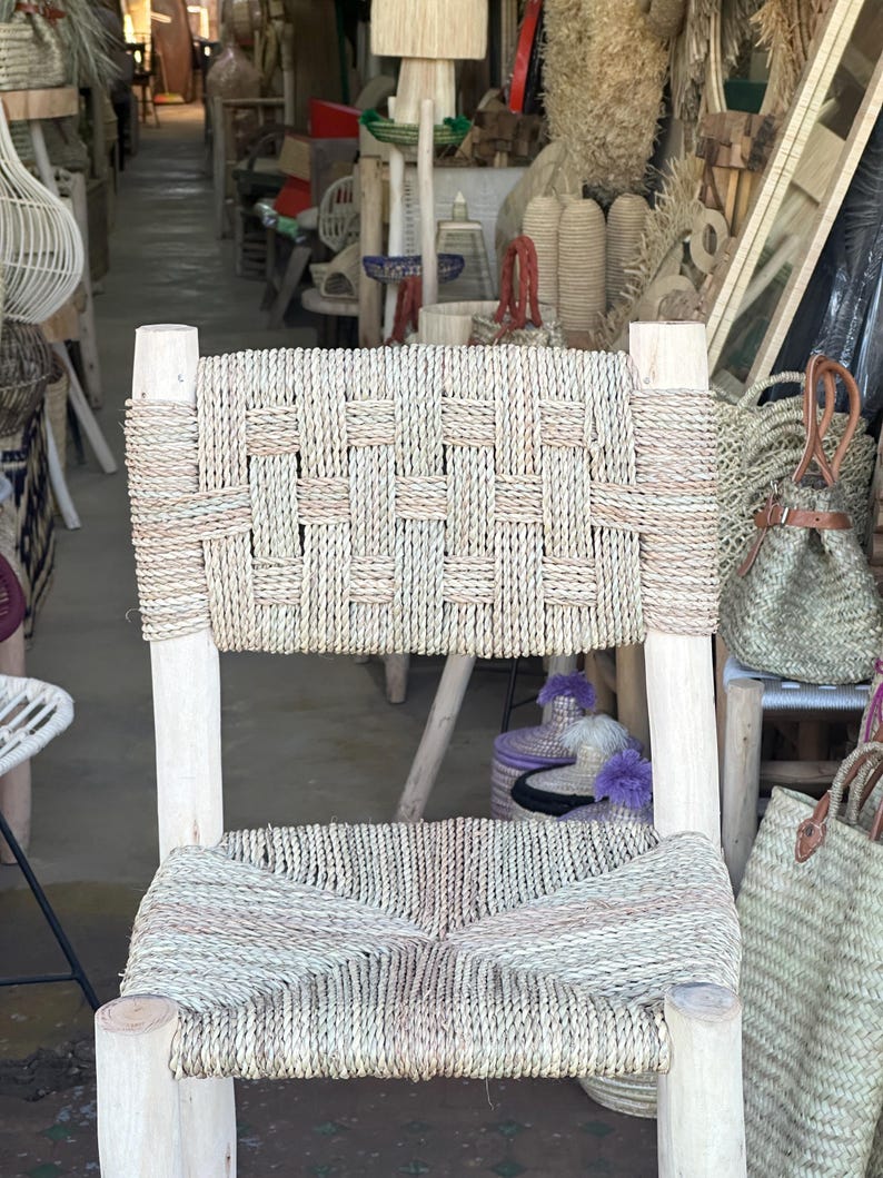 Handcrafted Laurel Wood Bar Stool with Woven Palm Leaf Seat & Backrest AZRIVA