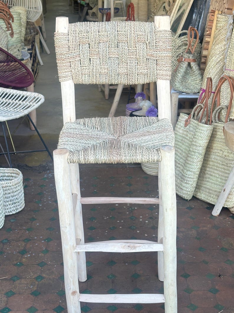 Handcrafted Laurel Wood Bar Stool with Woven Palm Leaf Seat & Backrest AZRIVA