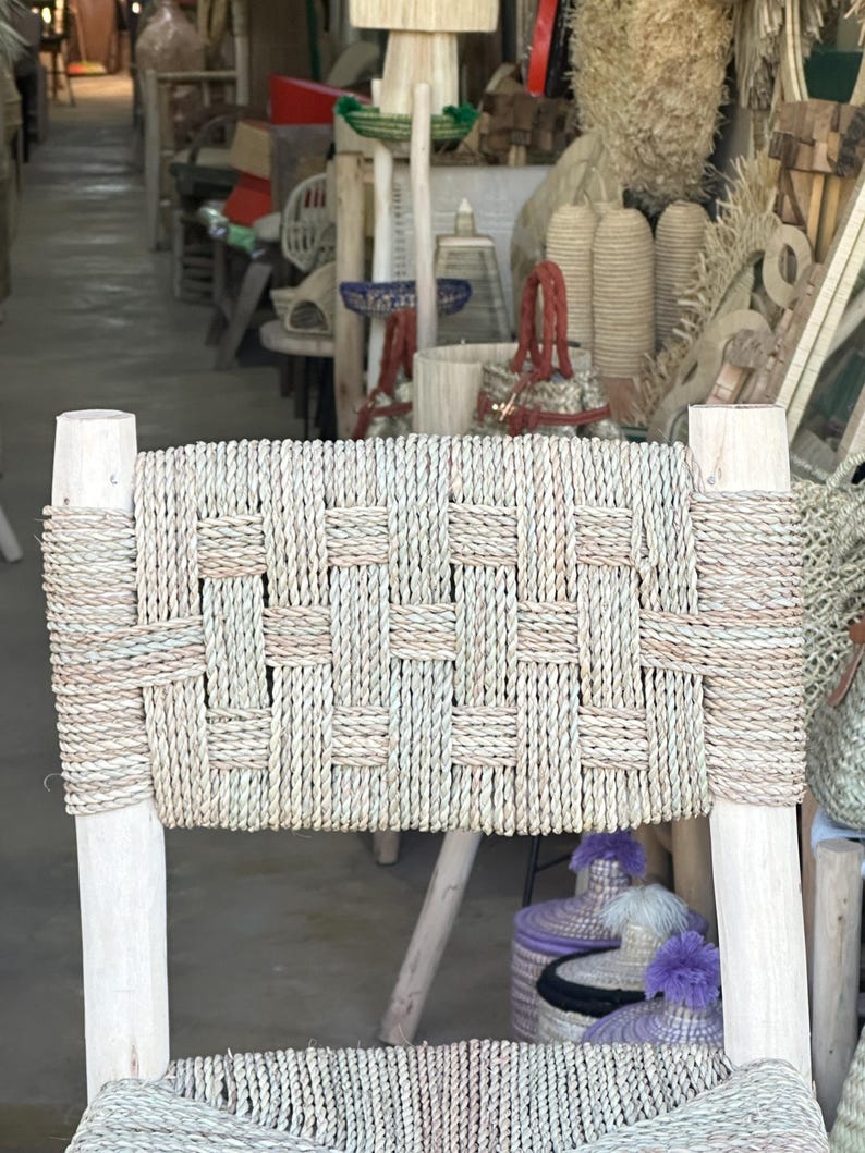 Handcrafted Laurel Wood Bar Stool with Woven Palm Leaf Seat & Backrest AZRIVA
