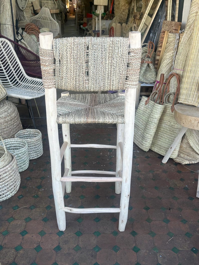 Handcrafted Laurel Wood Bar Stool with Woven Palm Leaf Seat & Backrest AZRIVA