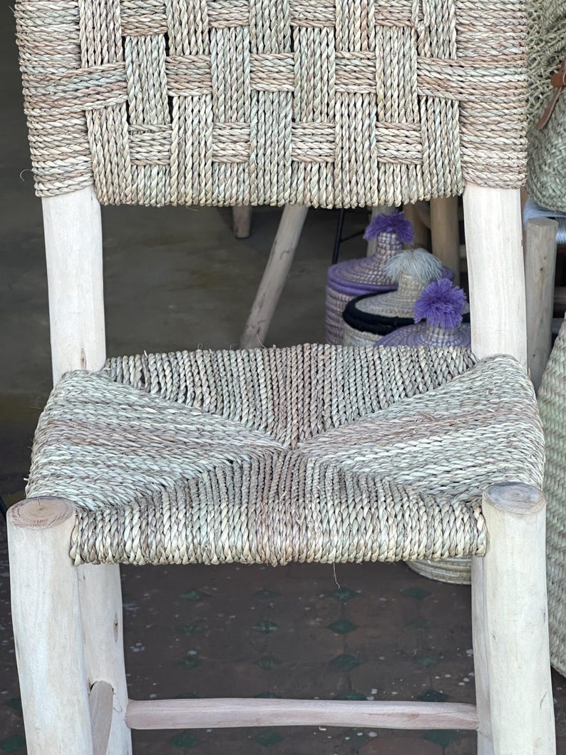 Handcrafted Laurel Wood Bar Stool with Woven Palm Leaf Seat & Backrest AZRIVA