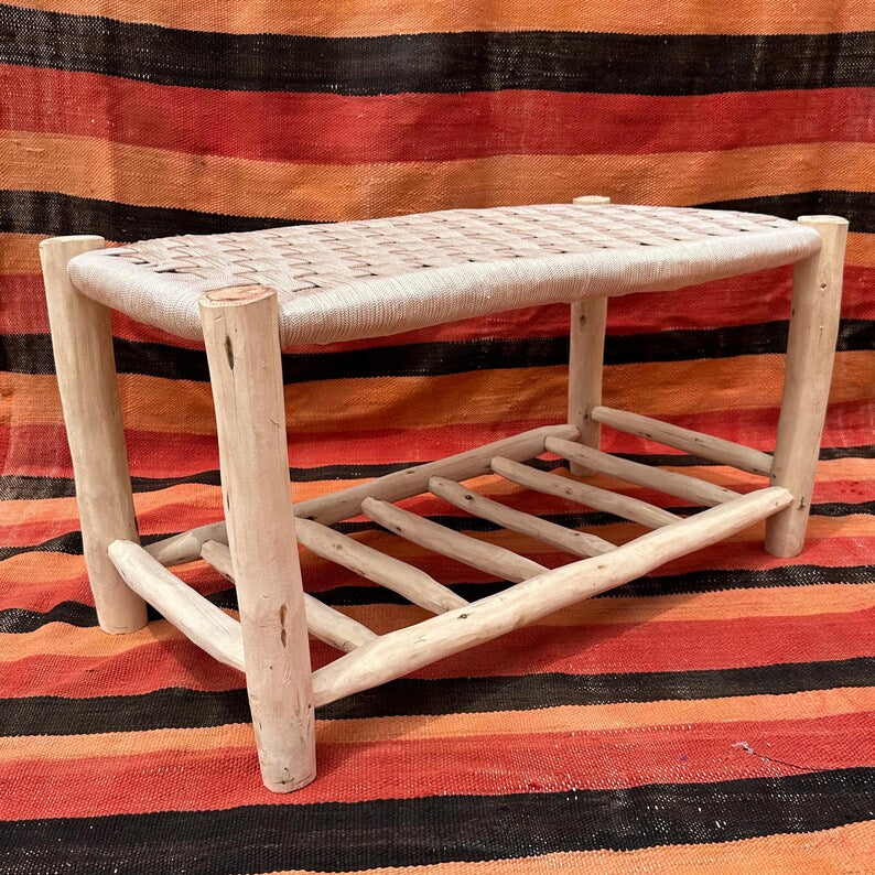 Handcrafted Wooden Entryway Bench with Woven White Cord Seat & Shoe Storage AZRIVA