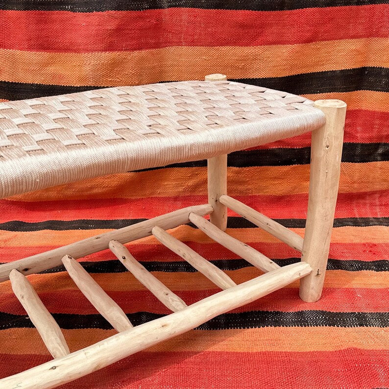 Handcrafted Wooden Entryway Bench with Woven White Cord Seat & Shoe Storage AZRIVA